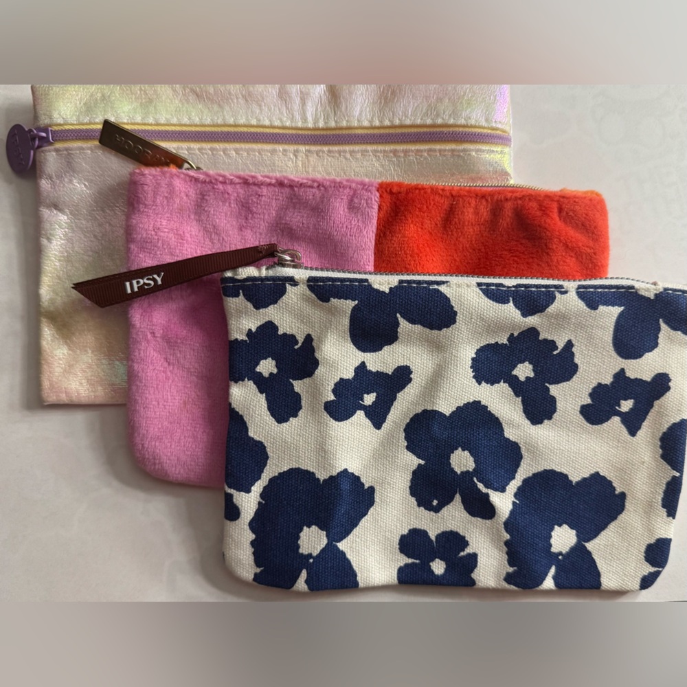 Ipsy Navy and White Floral, Pink and Red Split and Iridescent Cosmetic Bags Trio